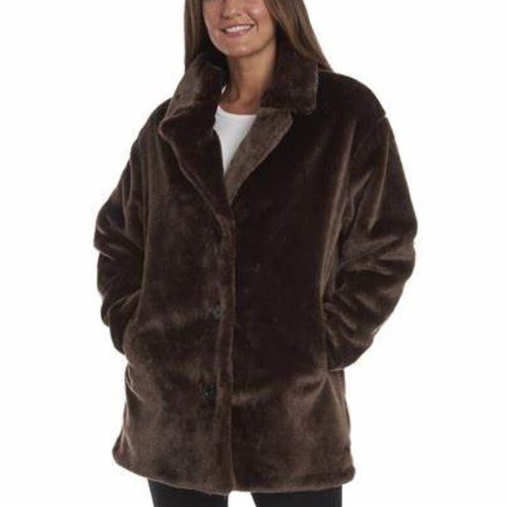 NWT Chocolate Brown Faux Fur Notch Collar Reversible Coat Jacket